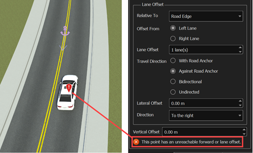 Sedan actor with Attributes pane containing error message