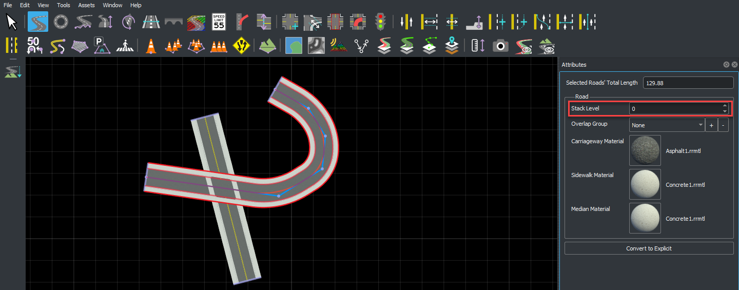 Curved road with Stack Level value set to 0