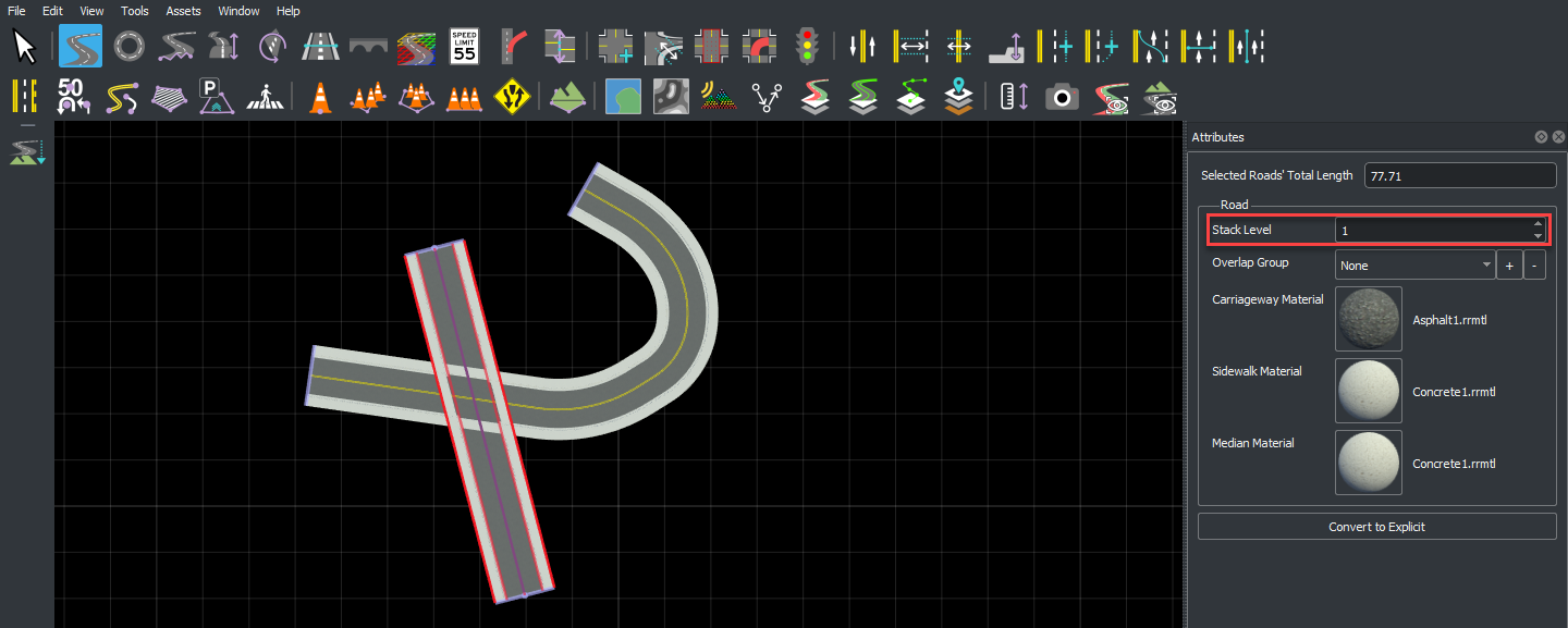 Straight road with Stack Level value set to 1