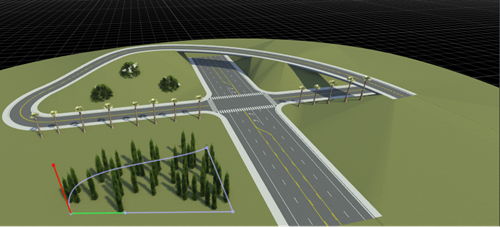 Cypress tree props added to a polygon. A tangent to the polygon is selected, which modifies the shape of the polygon.