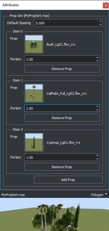 Attributes pane displaying a prop set containing a bush, palm tree, and cypress tree