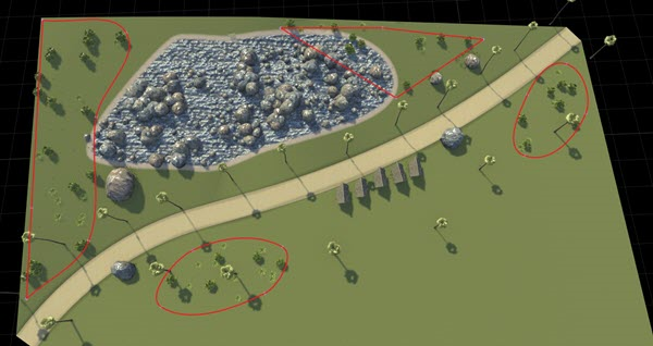 Scene with all four prop polygons selected and outlined in red