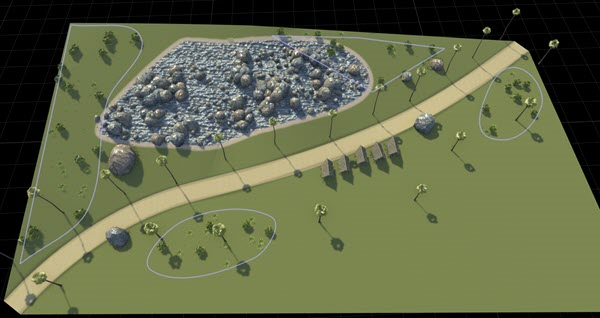 Scene with all four prop polygons deselected and outlined in light purple