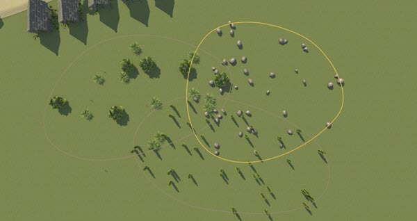 One polygon is outlined in yellow to indicate that it will be selected next. The two polygons that it overlaps with are outlined in gray.