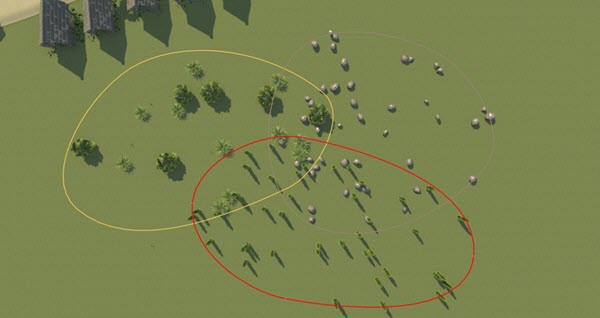 The first polygon is gray, the next polygon is selected and outlined in red, and the remaining polygon is outlined in yellow and will be selected next.