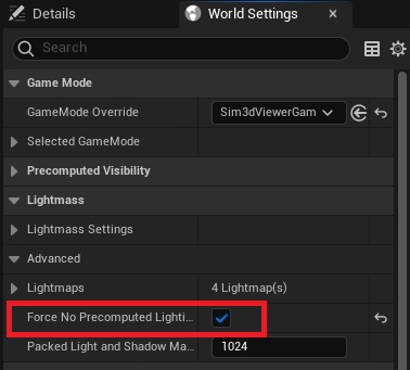 Checkbox for Force no precomputed lighting is located in the world settings between Lightmaps and Packed Light and Shadow Map Texture Size options
