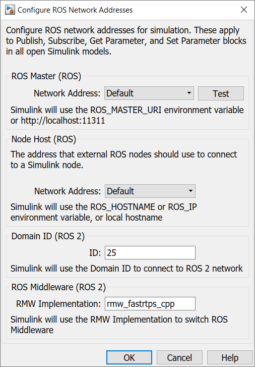"Configure ROS Network Addresses" dialog with default values.