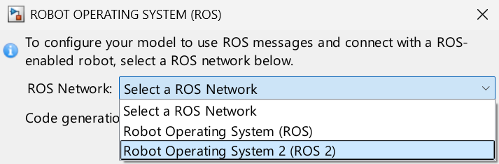 Dialog to select ROS network for code generation in Simulink