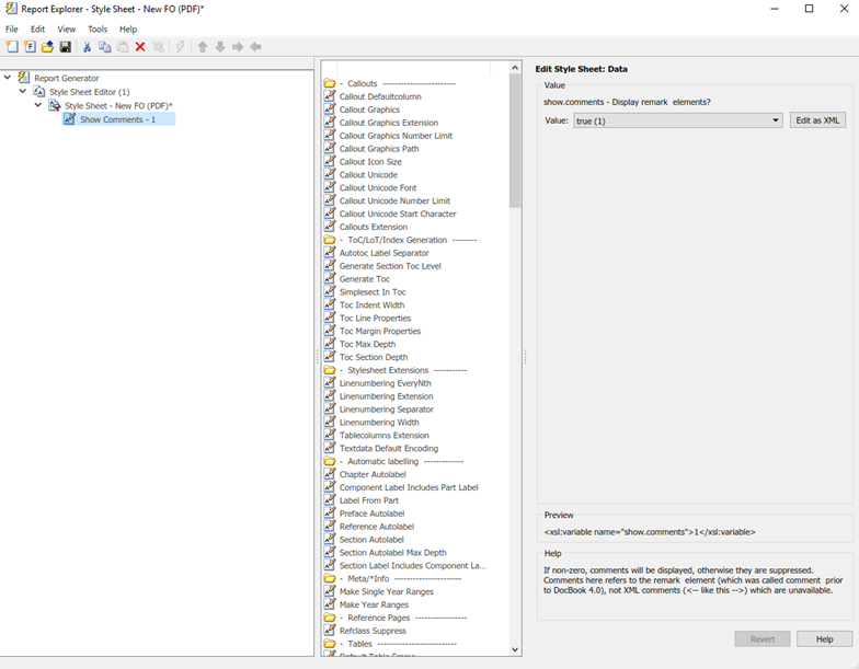 Report Explorer window. The window shows the Outline pane on the left with the name of the current style data item inside its style sheet. The Options pane in the middle shows a list of available style sheet data items. The Properties pane on the right displays Edit Style Sheet: Data