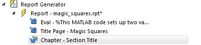 Outline pane displaying "Chapter - Section Title" beneath "Title Page - Magic Squares" component