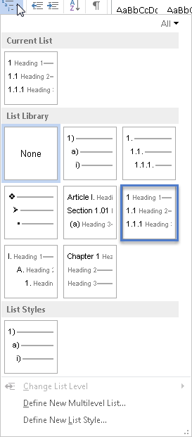 Multilevel Lists with numbered heading item selected