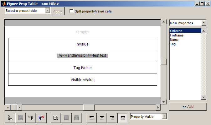 Properties pane for Handle Graphics Property Table component with the row containing HandleVisibility selected to enter text by double-clicking