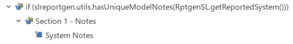 Section of Report Explorer Outline pane showing if component with the code to check for unique model notes.