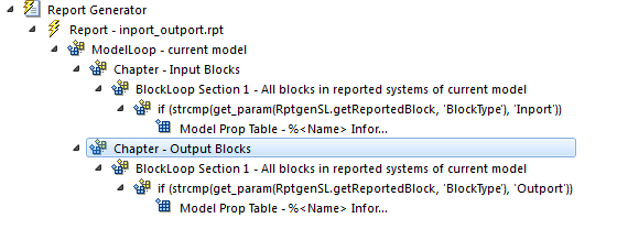 Report setup file hierarchy that specifies a chapter for Output blocks