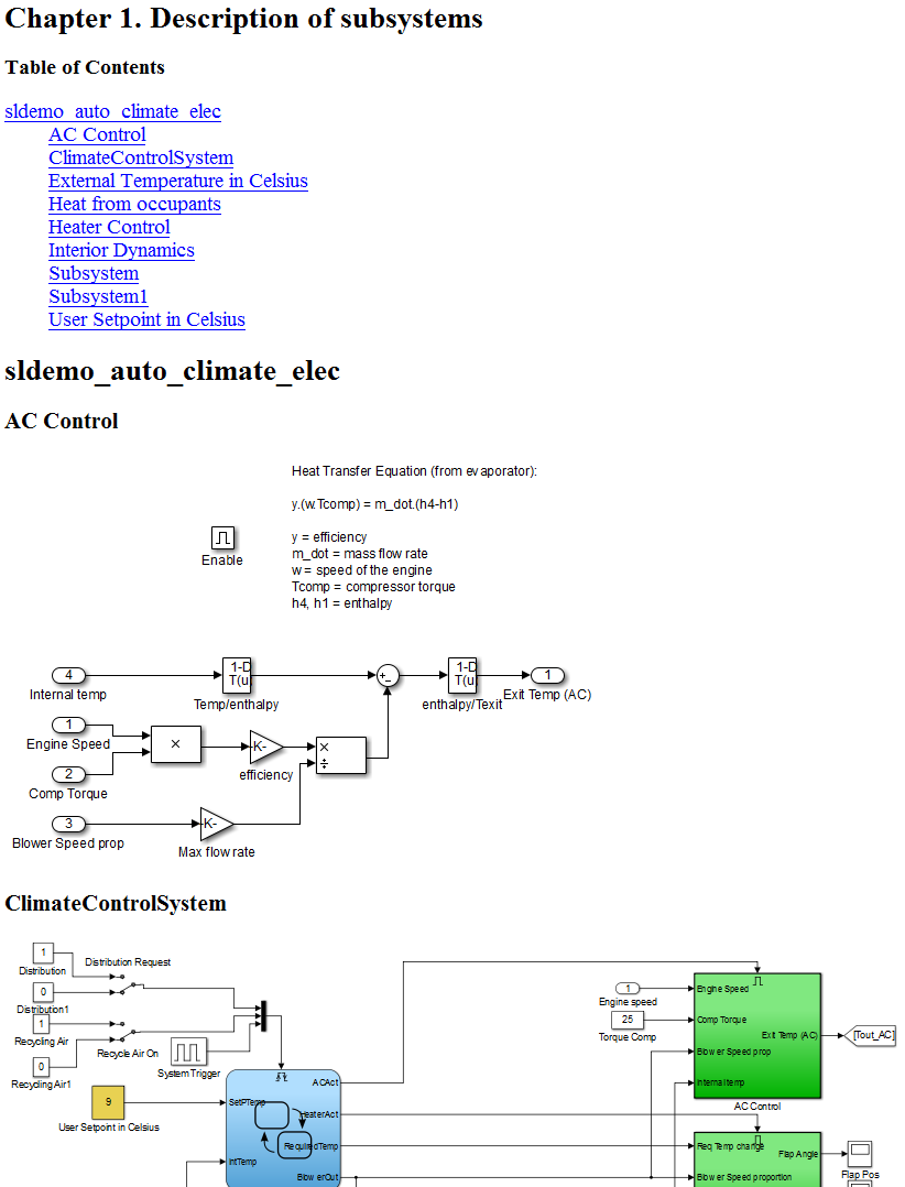 Sample page showing Chapter 1 followed by a Table of Contents and a Simulink model displaying model sldemo_auto_climate_elec