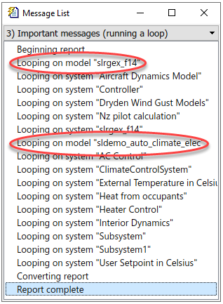 Message List with information about looping on models f14 and sldemo_auto_climate_elec and their subsystems