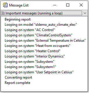 Message List with information about looping on model sldemo_auto_climate_elec and its subsystems