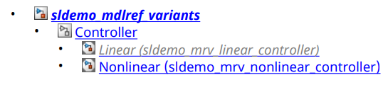 Text snippet of a system heirarchy showing two variant links. The first inactive variant link, Linear, is grey italic and the second active variant link, Nonlinear, is blue.