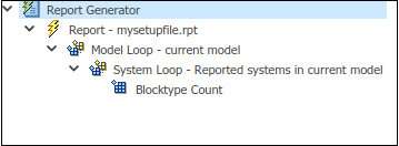 Hierarchy of mysetupfile.rpt file, with Report Generator at the top, followed by Report - my setupfile.rtp, Model Loop - current model, System Loop - Reported systems in current model, and Blocktype Count