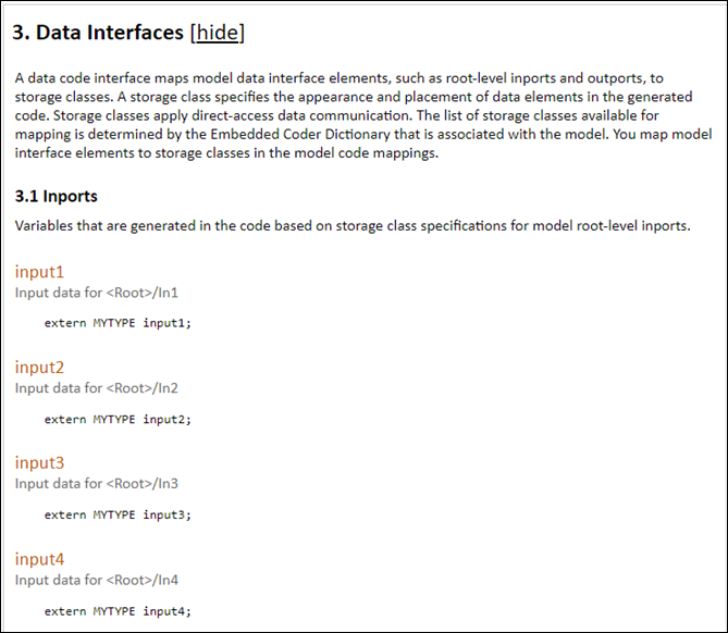 Code interface report for the Configuration Interface model showing the sections for data interfaces.