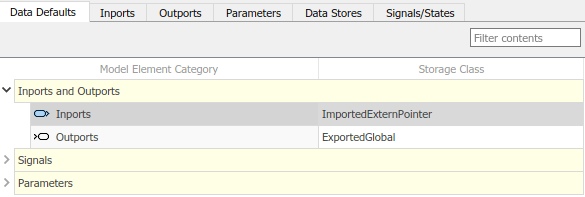 Code Mappings editor with Data Defaults tab selected, Inports and Outports tree node expanded, and storage class for Inports set to ImportedExternPointer.