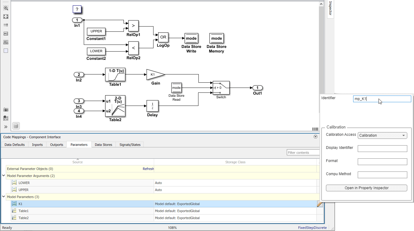 Code Mappings editor with Parameters tab selected, Model parameters tree node expanded, and storage class for parameters K1, Table1, and Table2 set to Model default: ConstVolatile. Mapping Inspector shows Identifier property for parameter Table2 set to mp_Table2D.