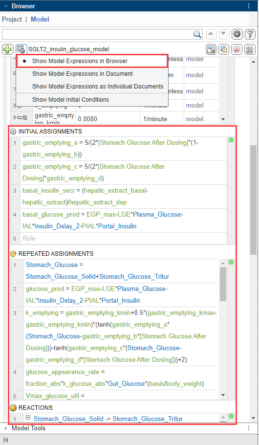 Browser panel showing model expressions such as initial assignment rules