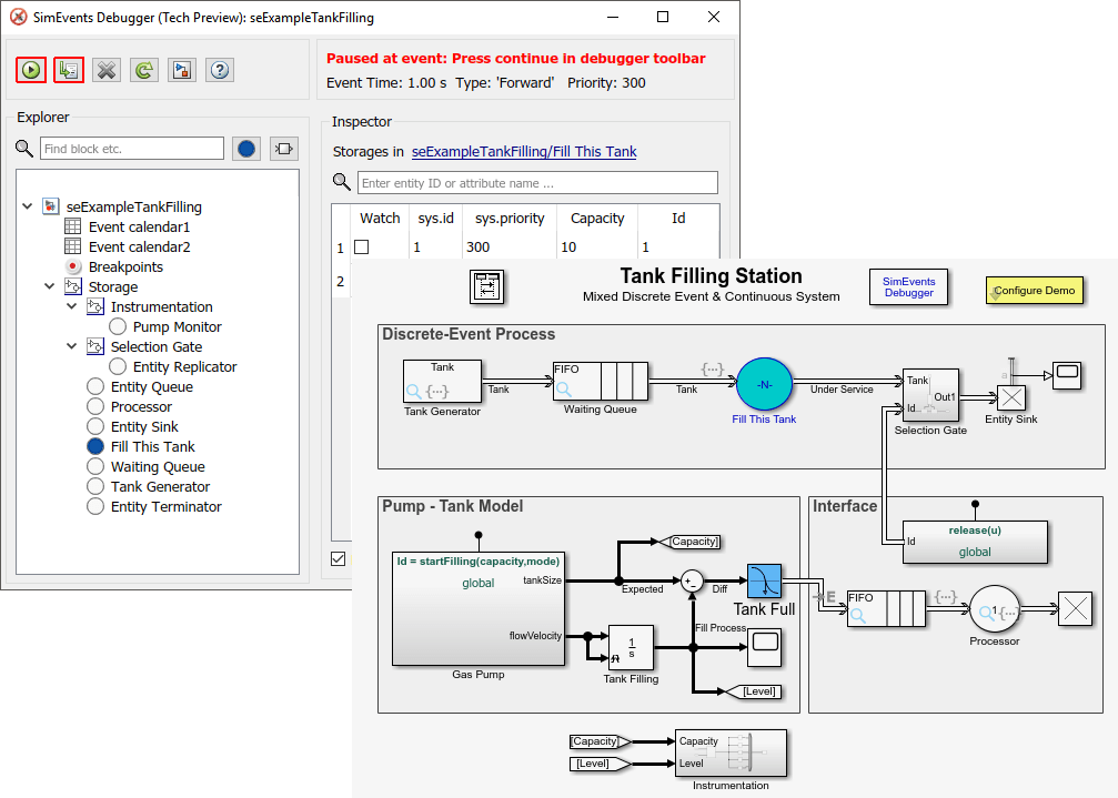 The same SimEvents Debugger window overlapping the Tank Filling Station block diagram. In this block diagram, the Fill This Tank block is highlighted in blue.