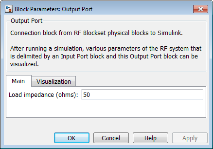 Output Port block with Load Impedance parameter is set to 50 ohms.