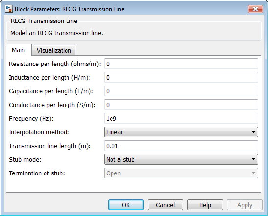 RLGC Transmission line block mask with parameter set.