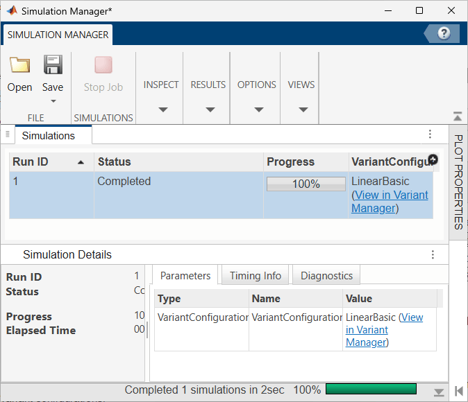 Simulation Manager shows the result of the single simulation run and the variant configuration used.