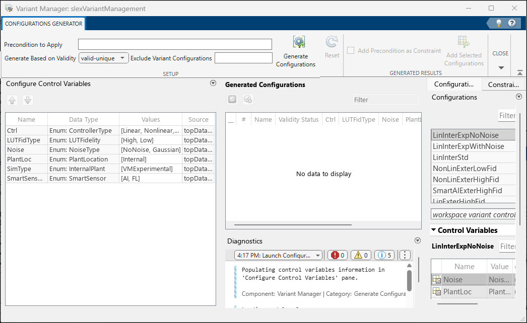 Configurations Generator tab in Variant Manager window