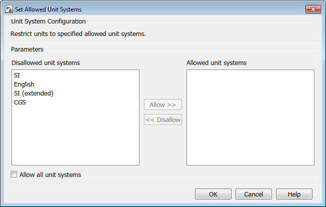 The Set Allowed Unit Systems dialog box.