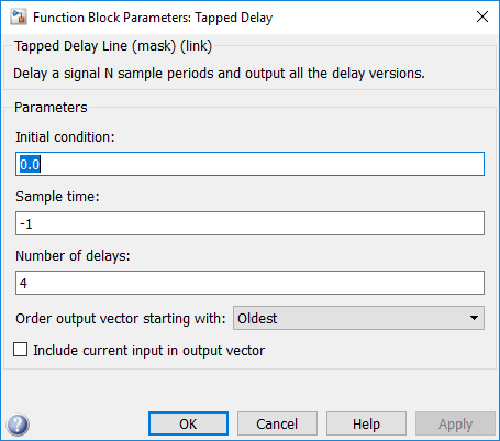 Screen capture of the Tapped Delay block parameter dialog.