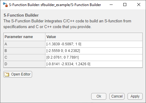 S Function Builder block parameters table