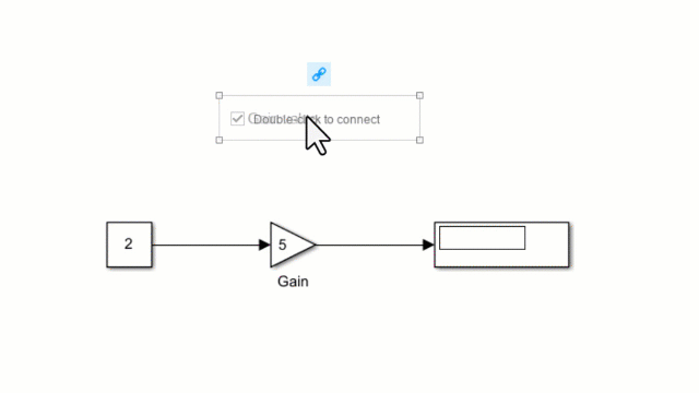 An unconnected Check Box block connects to the Gain parameter of a Gain block.