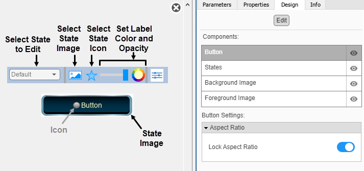 Customizable Push Button block in design mode with the toolbar and the Design tab in the Property Inspector visible.