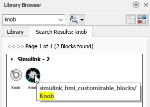 The Library Browser in docked mode shows the search results for the keyword "knob." The search results are two Knob blocks. The pointer is hovering over the Knob block on the right, and a tooltip is visible with the text "simulink_hmi_customizable_blocks/Knob."