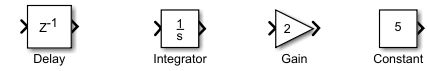 Three blocks with input and output signal ports (a Delay block, an Integrator block, and a Gain block), and one block with only an output signal port (a Constant block)