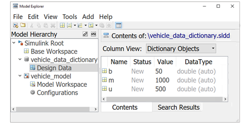 Model Explorer window showing the model hierarchy in the left pane with the vehicle_data_dictionary entry drop-down list expanded, and the Design Data option in that list selected