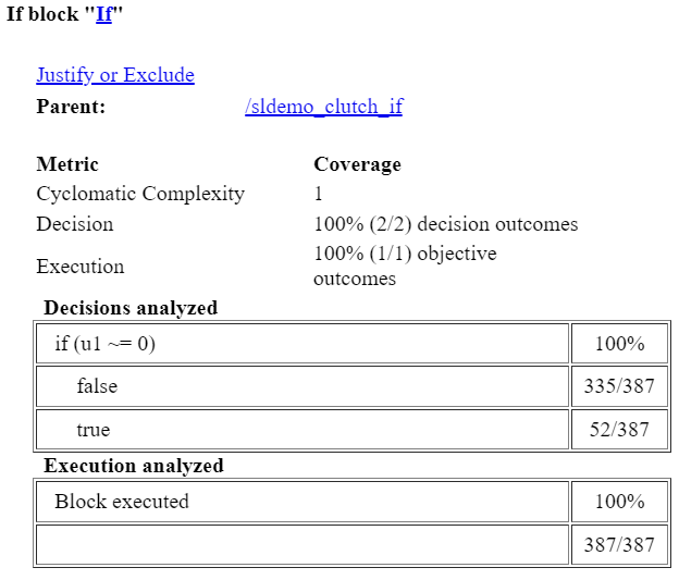 Coverage Details for an If block that evaluates the input signal not equal to zero. In this case, the report displays 100% decision coverage.