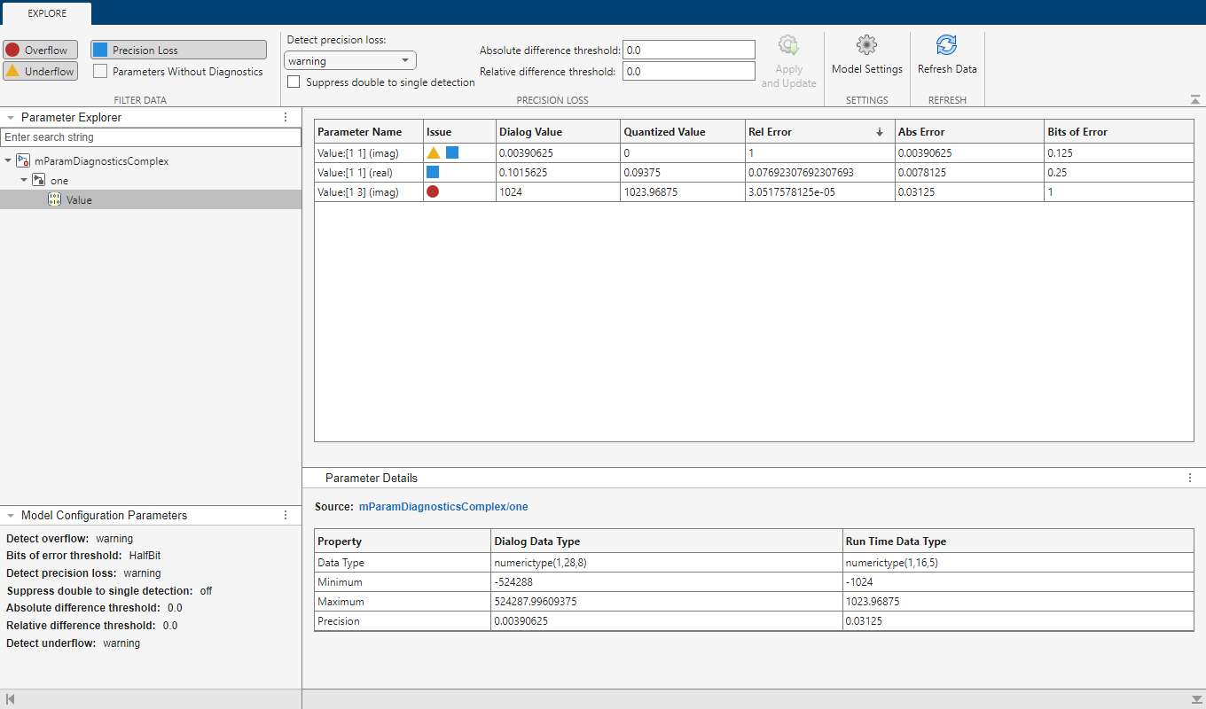 Screenshot of Parameter Quantization Advisor app.