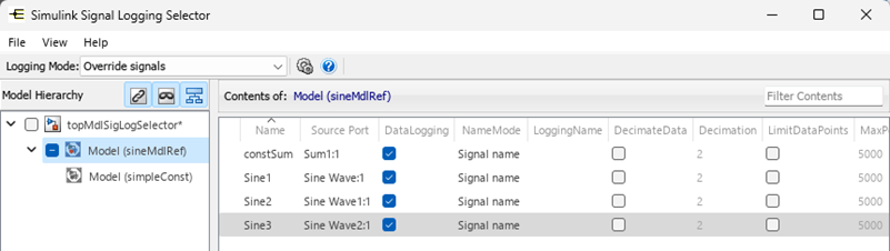 The Signal Logging Selector configured to log only the signals marked for logging in the simpleSine model
