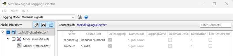 The Signal Logging Selector configured to log only the signals in the top-level model.