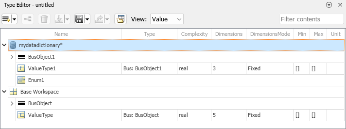 Docked Type Editor displaying types in a data dictionary and the base workspace