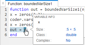 Code generation report, showing size of x