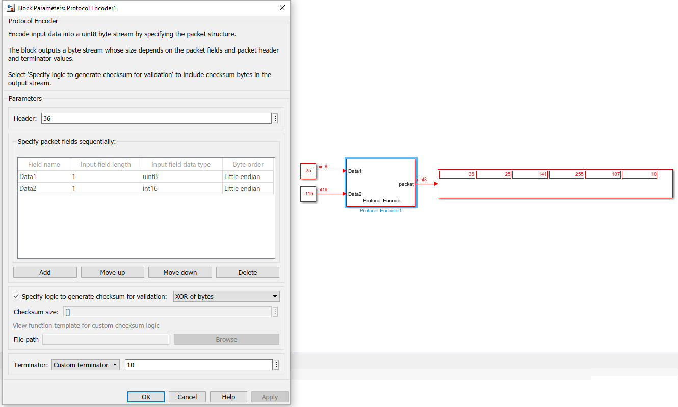 Entries in block parameters to conform to the packet structure