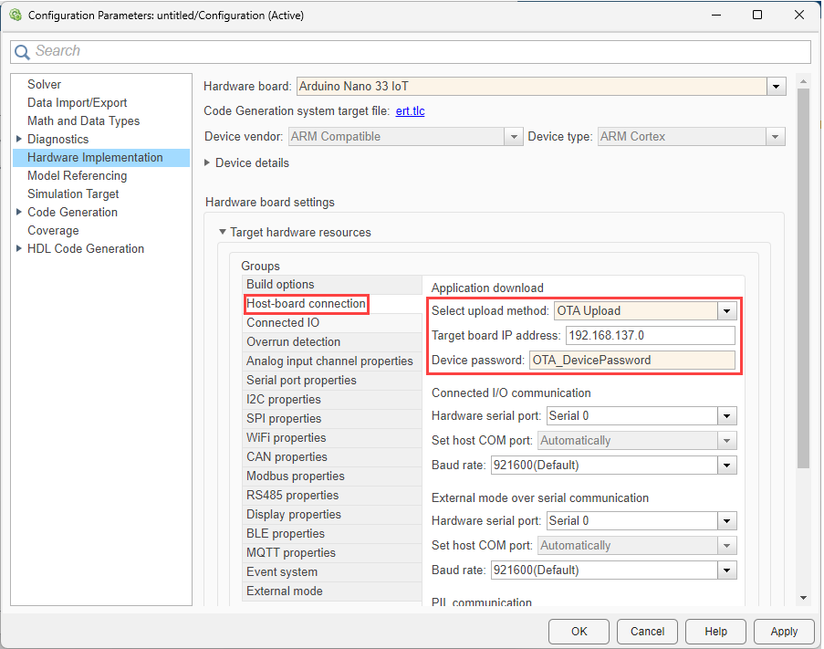 Configuration Parameters for OTA Upload Mode