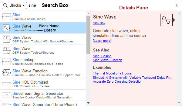 The Quick insert menu has the search term "sine" in the search box. The list of search results is below the search box, with the entry for the Sine Wave block from the Simulink/Sources library highlighted in blue.