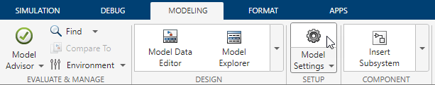 Toolstrip showing the Modeling tab. The cursor is pointing to the Model Settings button.